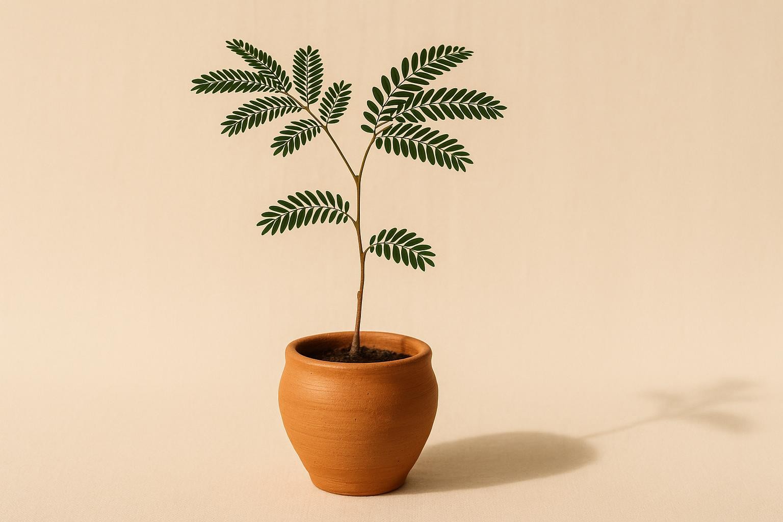 A rooted Cojoba angustifolia cutting in a handmade terracotta clay vessel, feather-fine foliage arching toward soft window light on warm ivory linen.
