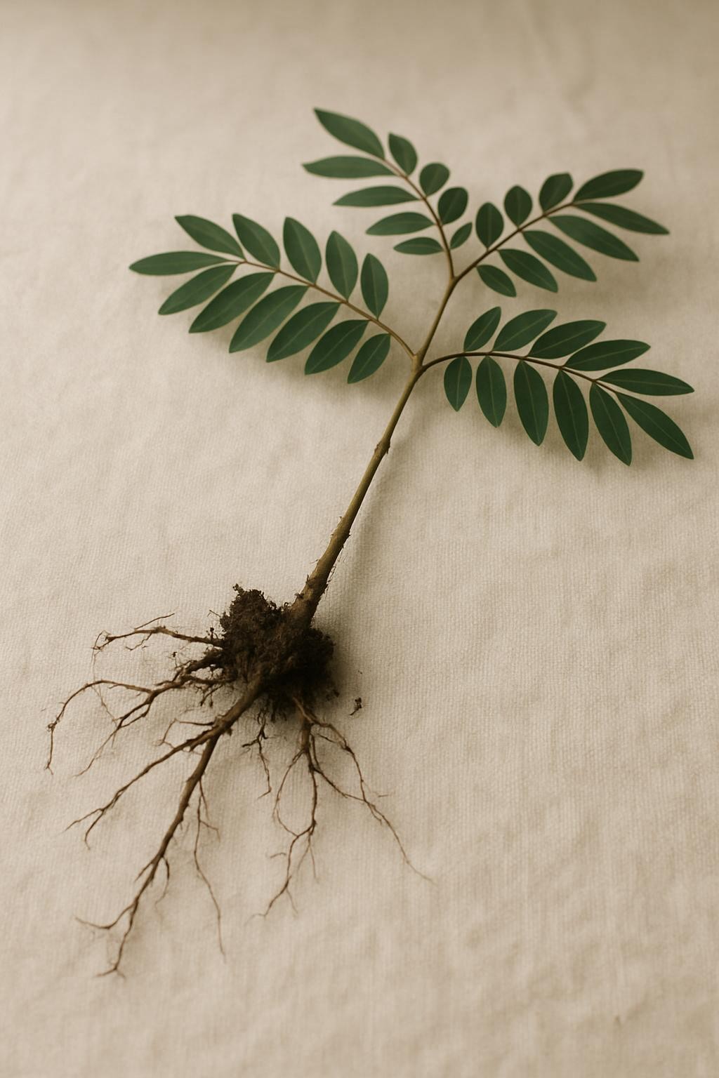 A bare rooted Cojoba angustifolia cutting on natural linen, roots and stem visible with a little soil clinging.