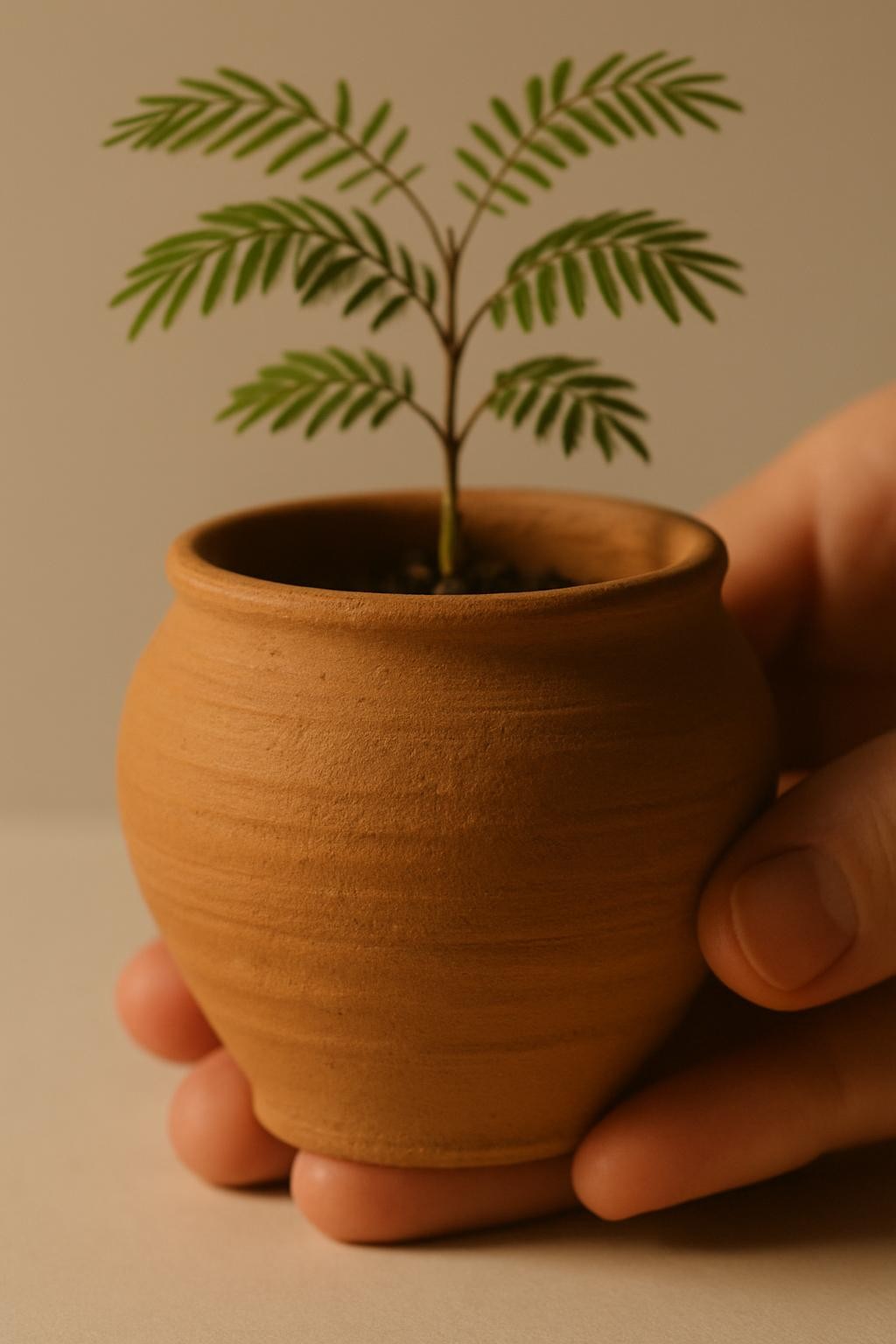 A Cojoba cutting rooted in a handmade terracotta clay vessel showing throwing marks and fingerprints.